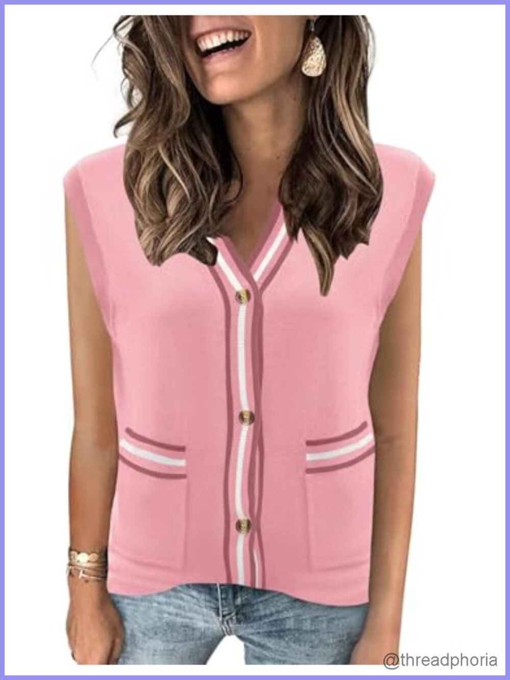 Women's Knit Sweater Vest with Buttons, V-Neck, Cap Sleeve